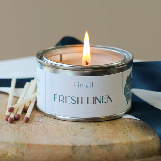Fresh Linen Paint Pot Candles in Tins | Small Candles Pintail Candles | Avalon Home