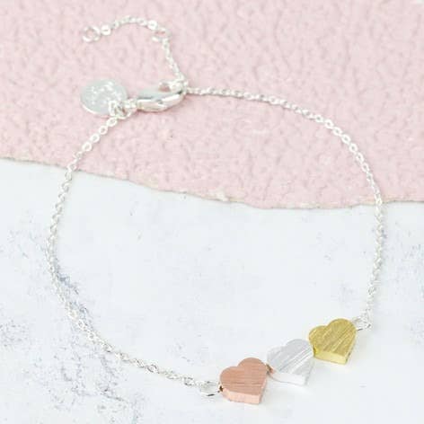 Mixed Metal Triple Heart Bracelet With Silver Chain Lisa Angel