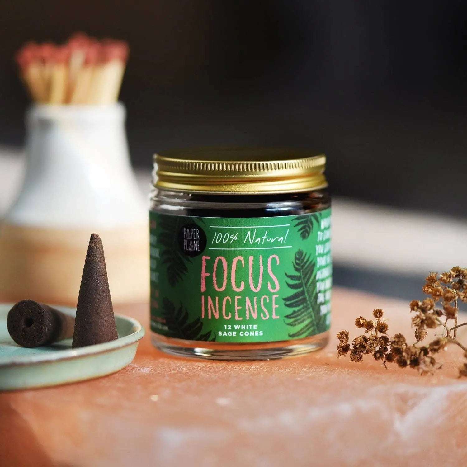 Focus Incense Jar of Incense Cones - plant based, vegan Paper Plane
