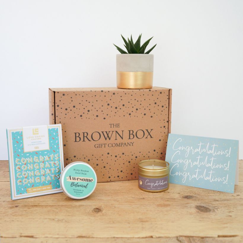 Congratulations plant, candle and chocolate gift set The Brown Box Gift Company