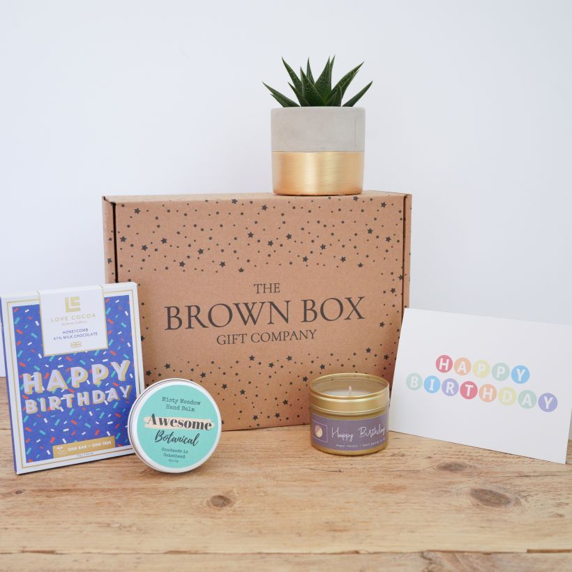 Happy Birthday plant, candle and chocolate Gift Set The Brown Box Gift Company