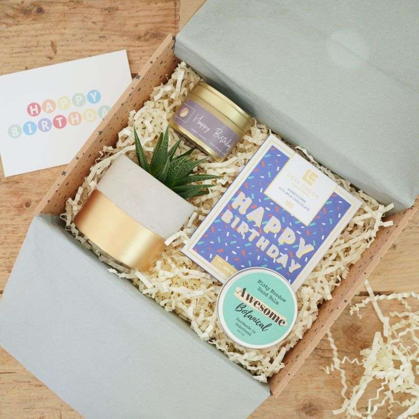 Happy Birthday plant, candle and chocolate Gift Set The Brown Box Gift Company