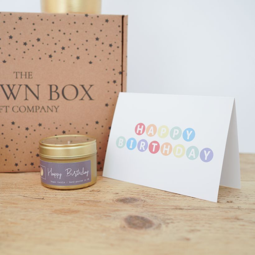 Happy Birthday plant, candle and chocolate Gift Set The Brown Box Gift Company