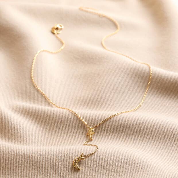 Crystal Moon and Star Lariat Necklace in Gold Lisa Angel