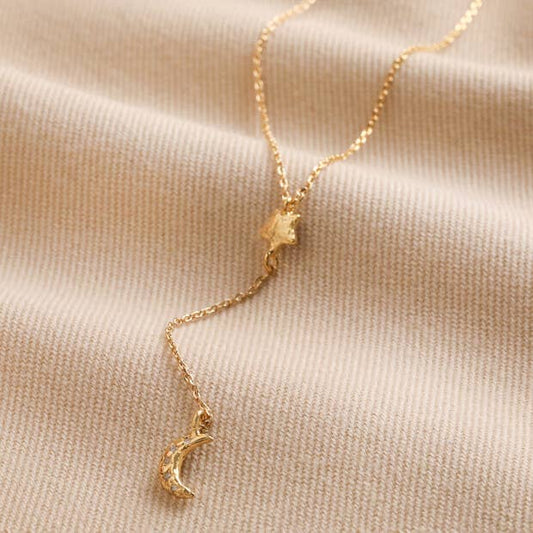 Crystal Moon and Star Lariat Necklace in Gold Lisa Angel